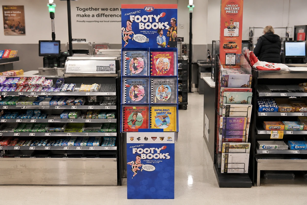Fantastic Footy Books retail display stand in store